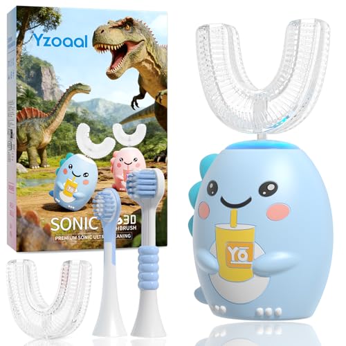 Elektrische Zahnbürsten für Kinder 2-6/6-12 U-förmige Zahnbürste Dino-Zahnbürste Ultraschall-Bürstenköpfe 60 Sekunden-Timer (Blau 6-12 Jahren)