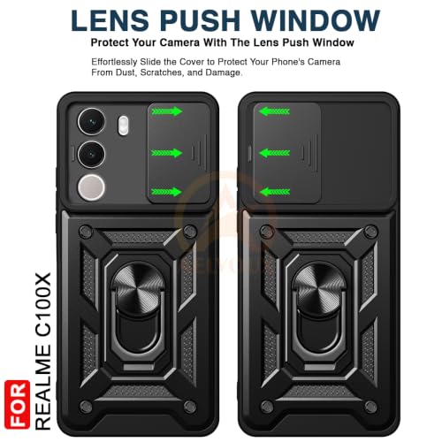 Image of Armor Bumper Back Cover Case for Realme C100X Rotating Camera Cover, Ring Holder & Kickstand | Heavy Duty & 360 Degree Protection Back Cover for Realme C100X (Black)