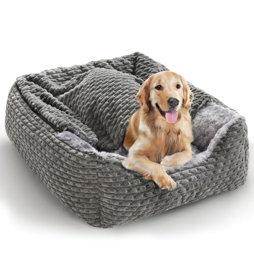 Heymamba Large Dog Bed Rectangle with Low Front Edge Design Pet Dog Cave Bed with Hooded Pet Beds Snuggle Bed with 20 000 Rubber Particles Anti Slip Bottom 78x63x23cm