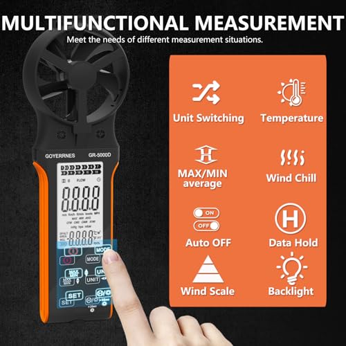 GOYERRNES Air Flow & Wind Speed Meter, Handheld CFM Anemometer with Waterproof Touch Button, CFM Meter Gauge Air Velocity Measuring Device for HVAC Outdoor [Rechargeable] - Thumbnail 5