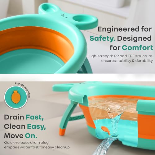 Image of R for Rabbit Bubble Double Finzy Baby Bath Tub Foldable for Kids 9 Months-3 Years | Womb Cocoon Bathtub Design | Anti-Skid Base | Quick Drain Plug | Space Saving Pool Bather with Tray (Green Orange)