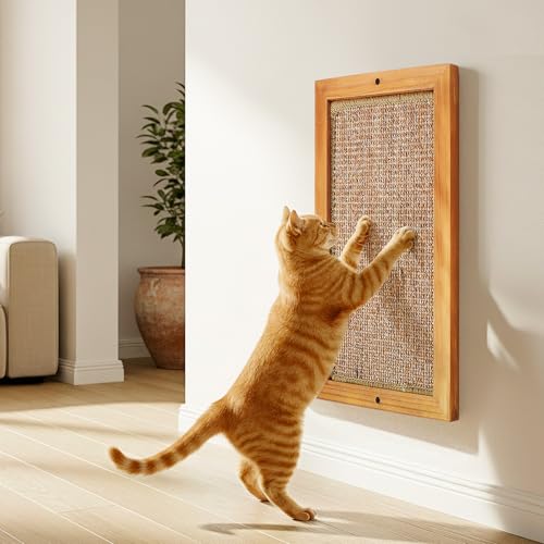 Cat Scratching Post, Wooden Sisal Cats Wall Scratcher, Floor or Wall Mounted Vertical Cat Scratch...