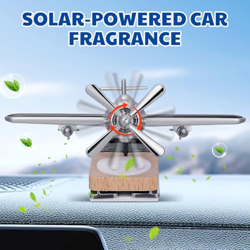 Image of Homoyoyo Solar Airplane Car Diffuser: 2Pcs Silver, Unscented, Car Freshener, Wooden Base Fragrance Diffuser, Alloy Solar Energy Rotate Airplane Ornaments for Office Home Decor 3.93 x 3.73 x 3.73 inch