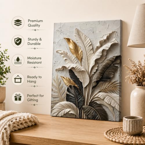 Image of PAINTINGMANTRA Textured Embossed Leaf Floral Canvas Wall Art Painting for wall decoration, Neutral & Gold Tropical Leaf Motifs Flower Stretched Canvas Painting for living room, bedroom, Office, 22x34 Inch