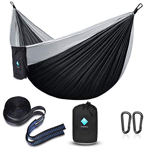 Double Hamac Voyage Camping | 300kg Capacité de Charge,(300 x 200cm) Respirante | 2 Mousquetons, 2 Sangles de Nylon, 2 Personnes Balançoire de Hamac pour Jardin Extérieur (Noir/Gris) Cover