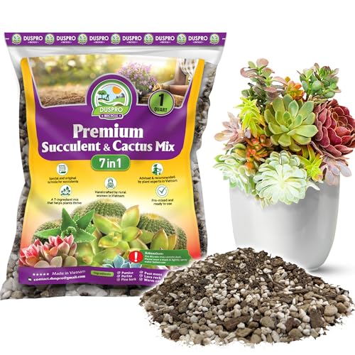 DUSPRO Succulents Soil Potting Mix – 7 in 1 Ingredients Well-Draining, Nutrient-Rich Cactus Potting Soil for Succulents and Cacti, Indoor & Outdoor Use, Ready to Use, Supports Healthy Root Growth, 1QT