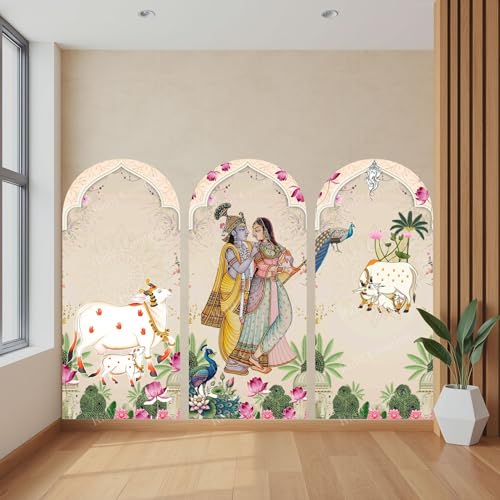 Image of Ridit Creation Radha Krishna Wall Poster | Cow Peacock Lotus Traditional Design | 3 Piece Arch Shape Wall Decor Poster for Home Decoration