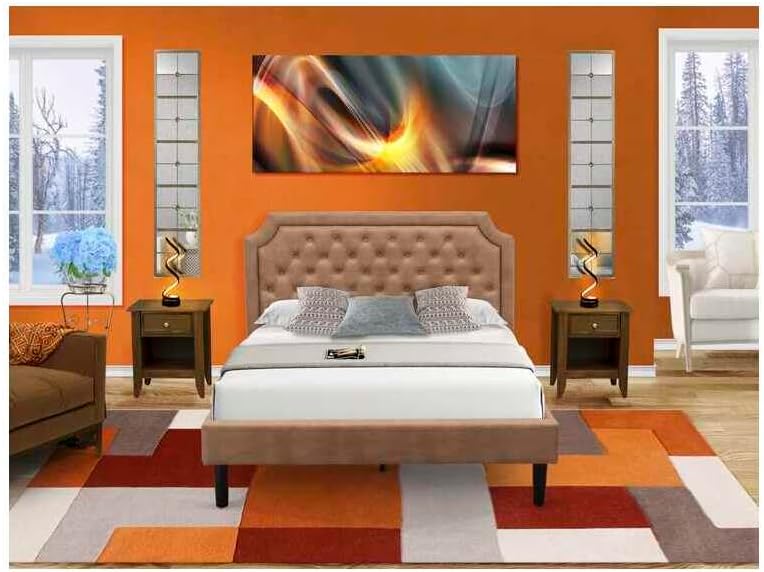 HomeStock Earthy Elements 3 Piece Bedroom Set with Button Tufted Upholstered Bed and 2 Antique Walnut Small Nightstands Brown Faux Leather with Brown Texture and Black Legs
