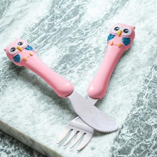 Image of Hian Kids Feeding Spoons Set with Carry Case - 304 Stainless Steel Spoon, Fork & Knife, Bird Design Handle, Easy to Carry for Lunch Box, Travel, Picnic - Pink Color, Pack of 3
