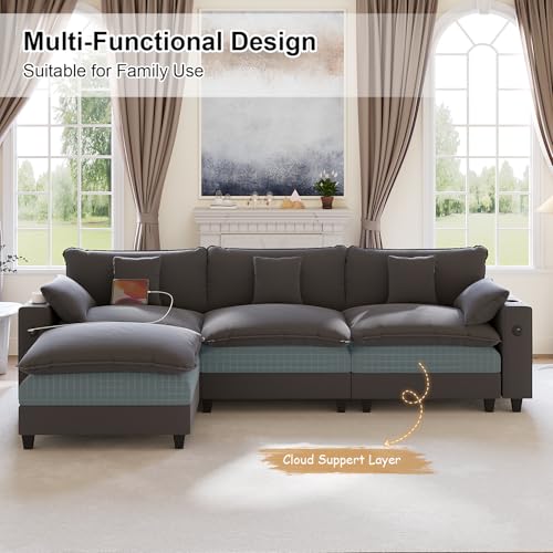 Image of KCGKCG 116 inch Modular Sectional Couch, L Shaped Cloud Couch with Movable Ottoman, Deep Seat Cloud Sofa with Charging Station, Cup Holder, Side Pocket, Chenille Sectional Couches for Living Room, Grey