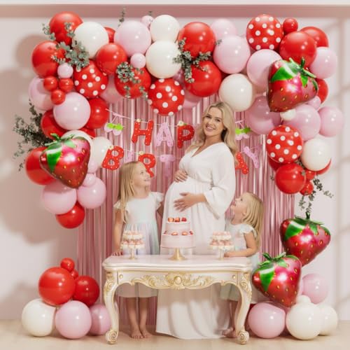 Image of Strawberry Birthday Party Decorations 101pcs, Red Pink Red white Strawberry Balloons with Pink Fringe Curtain Happy Birthday Banner for Sweet Girl Berry First Birthday Baby Shower Party Decor