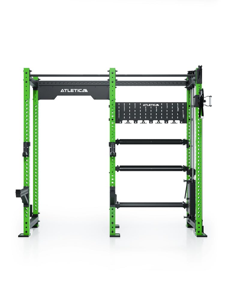 ATLETICA R8 Falcon R | Electric Green | Kompaktowy stojak Power Rack z linką | blok obciążeniowy 95 kg i kompletny system przechowywania – idealny do studia i treningu osobistego