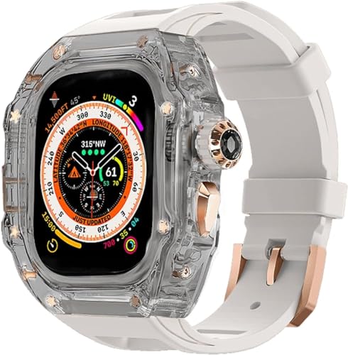 UMCNVV 透明時計ケースメタルクラウンボタンフッ素ゴムバンド Mod キット、 Apple Watch バンド Ultra 8 7 6 5 4 SE 44mm 45mm 49mm ハード PC カバー交換アクセサリーキット用(E,45mm)