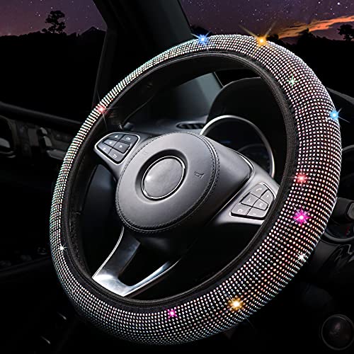 Cute Steering Wheel Cover for Women, TintJungle Elastic Steering Wheel Covers with Sparkling Rhinestone- Anti-Slip Wheel Protector (for 14.5-15 Inch Steering Wheel) (Colorful Diamond)