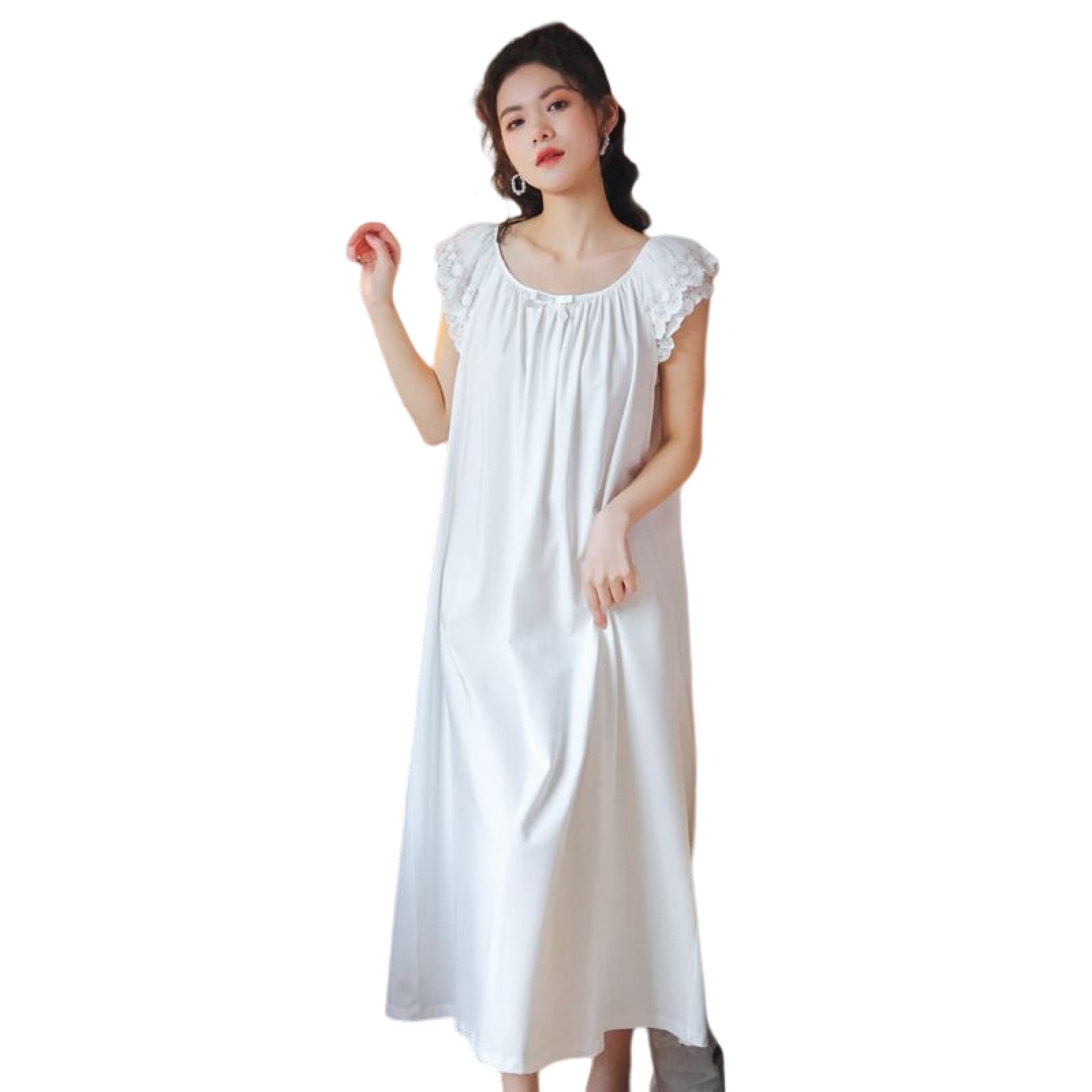 OFFSUM Camicia da Notte Donna - Indumenti da Notte in Stile Principessa in Pizzo di Cotone con Scollo Tondo Elegante Camicia da Notte Vintage Vintage Dolce per La Casa