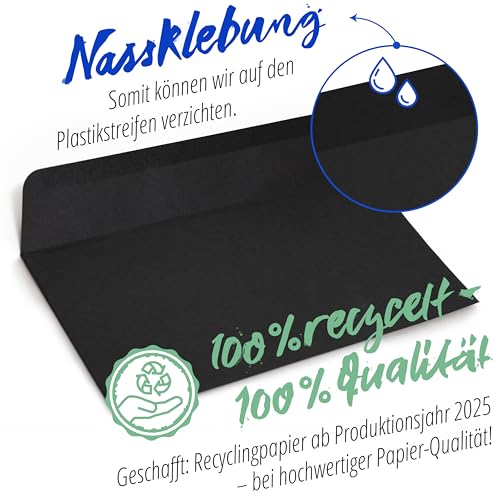 Japun – Briefumschläge (50 Stück) aus Papier, Kuvert, Umschlag ohne Fenster - DIN lang - 220 x 110 mm - schwarz