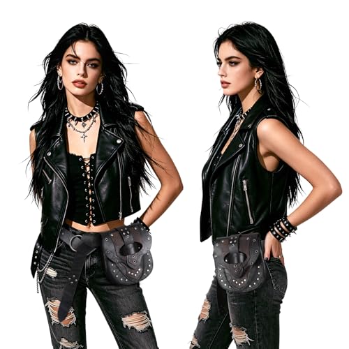 Image of HiiFeuer Steampunk Studded Waist Pack Bag with Belt, Vintage Punk Belt Pouch Portable Fanny Purses for Ren Faire Cosplay (Black A)