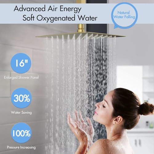 Image of Shower System with Body Jets, 12 Inch Rain Shower System, All Metal Body Spray Shower Jets System, Include Shower Valve Gold 16 inch+ 6 Jets Button