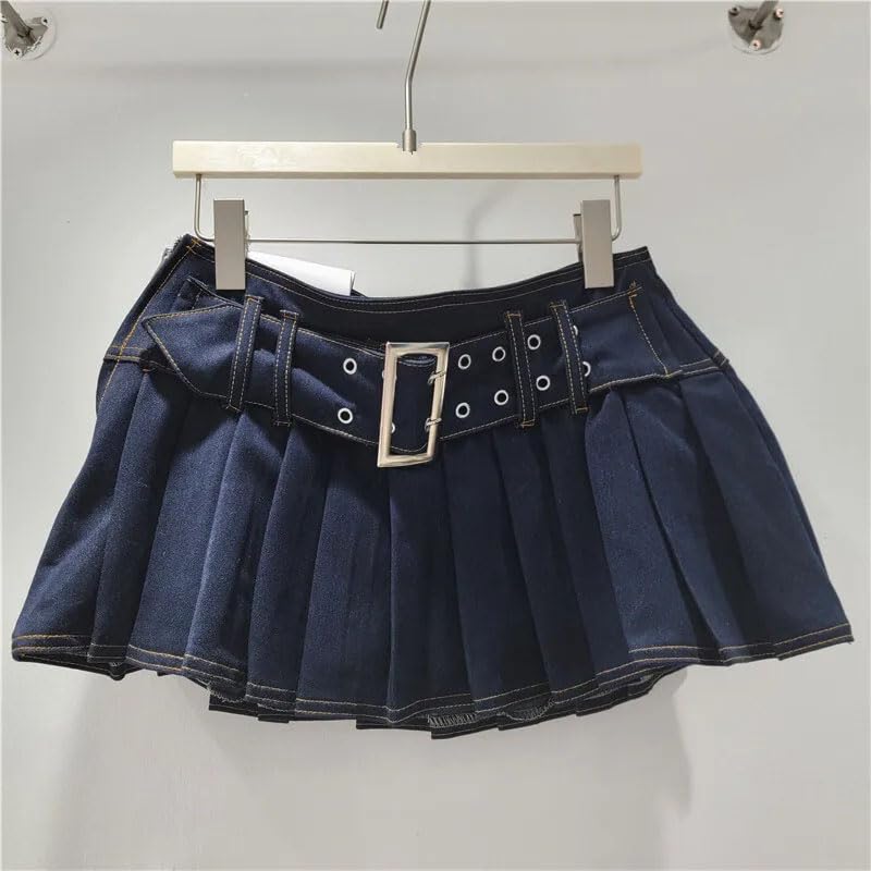 Women's Skirts Spliced Belt Folds Solid Color A-Line Low Waist Super Short Denim Skirt4