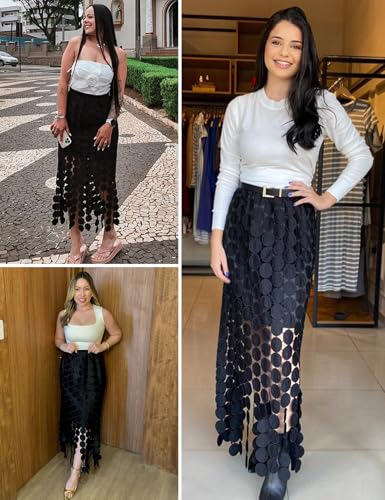 Arssm Womens Hollow Out Maxi Skirts Boho Fringe Hem Skirt Elastic High Waist Long Skirt Flowy Outfit3