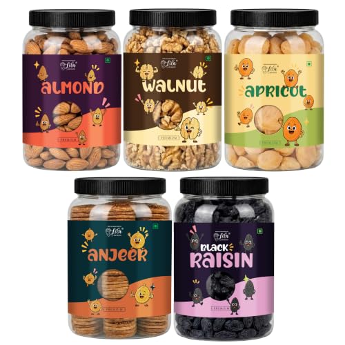 Image of LILA DRY FRUITS Dry Fruits Combo Pack of Almonds, Walnuts, Apricots, Anjeer & Black Raisins 100 Gms x 5 Assorted Nuts and Dried Fruits Mix Perfect for Gifting