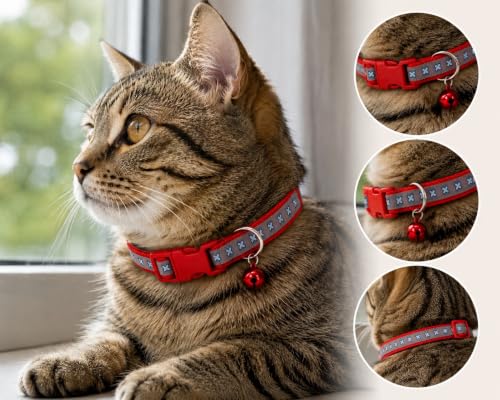 Image of Adjustable Stylish Dog & Cat Collar | 10mm Durable Comfortable Pet Collar with Bell | Ideal for Small & Medium Pets Cotton Candy (Bone Printed Radium Collar) (Red, Pack of 2)
