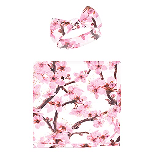 Image of Touched by Nature Unisex Baby Organic Cotton Swaddle Blanket and Headband or Cap, Cherry Blossom, One Size