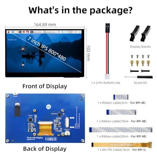Image of 7 Inch Raspberry Pi Monitor Touchscreen, 800x480 DSI IPS Display, 5-Point Touch Capacitive Screen for Raspberry 5 /4B /3B+ /3B /B+ /A+, Driver-Free