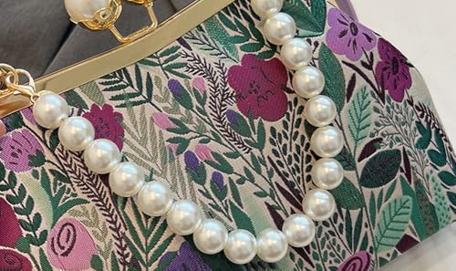 Vintage Embroidered Flower Handbag Retro Pearl Chain Crossbody Bag Clutch Kiss Lock Top Handle Shoulder Purse Wallet 20254