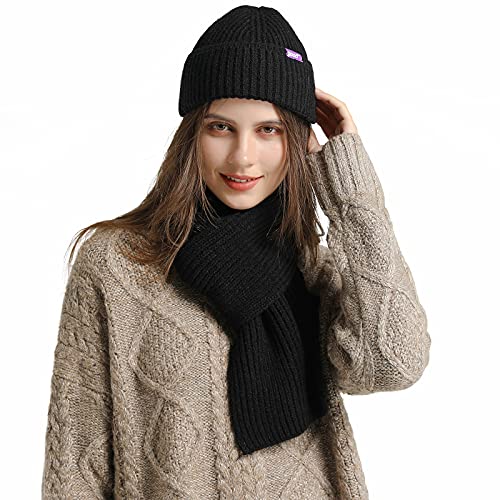 Anboor Ensemble écharpe et bonnet en tricot 2 en 1 pour l'hiver - Bonnet tricoté chaud et extensible - Pour homme et femme, noir Cover
