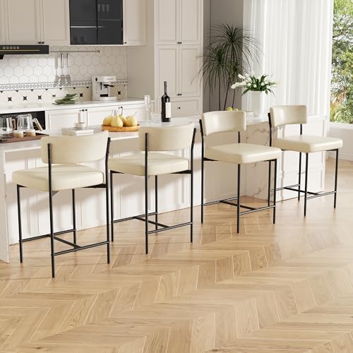 Image of Bar Stools Set of 4, Faux Leather Counter Height Barstools with Curved Back, 25 Inch Upholstered Bar Chairs, Modern Counter Stools for Kitchen lsland, Beige