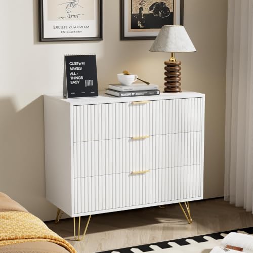 Image of Furniway White Dresser for Bedroom, 3 Drawer Dresser with Gold Pulls, Fluted Modern Chest of Drawers Storage Cabinet, 31.5 inch W x 15.7 inch D x 29.5 inch H