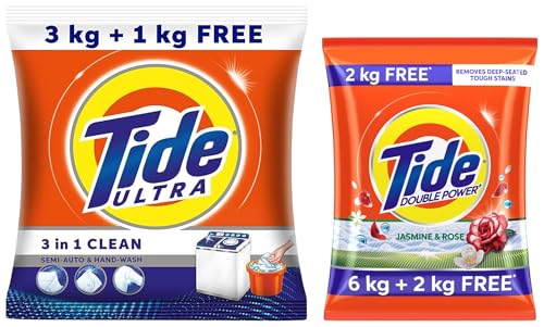 Image of Tide Ultra Stain Magnet Clean Semi-Auto & Hand Wash Detergent Washing Powder - 3 kg + 1 kg Free = 4 kg&Tide Plus Double Power Detergent Washing Powder Jasmine & Rose 6kg + 2kg FREE