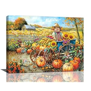 Farmhouse Autumn Wall Art Fall Harvest Wall Decor Pumpkin Patch Sunflower Barn Pictures Scarecrow Canvas Print Painting Artwork for Kitchen Living Room Bedroom 12×16