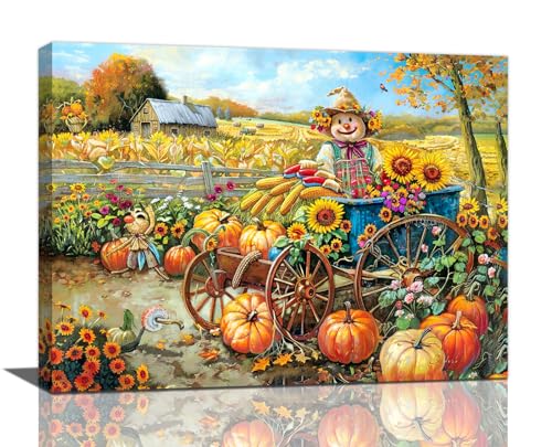 Farmhouse Autumn Wall Art Fall Harvest Wall Decor Pumpkin Patch Sunflower Barn Pictures Scarecrow Canvas Print Painting Artwork for Kitchen Living Room Bedroom 12×16