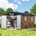 10X12X7.5 FT Outdoor Steel Storage Shed with Lockable Doors, 2 Windows, Transparent Roof Panels (Wood Panels & Frame Floor Not Included), Ideal for Patio Storage,Garbage Can, Chicken Coop?Brown