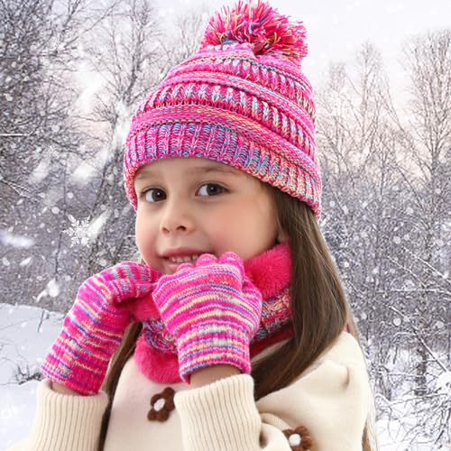 Image of Kids Winter Beanie Hat Scarf Gloves Set for 3-8 Years Old Boys Girls, Thick Warm Knitted Hat Gloves Fleece Lined Scarf Set