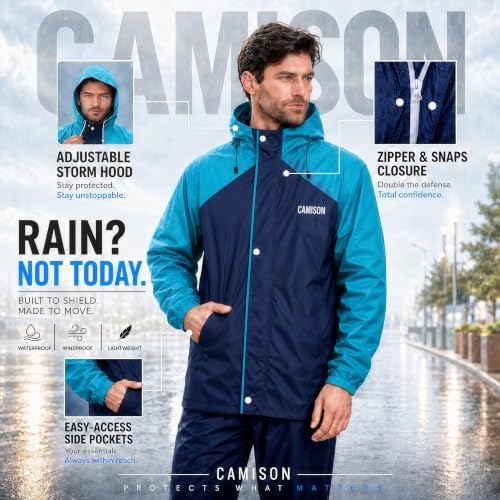 Image of Mens Raincoat Suit with Pant Set Eluxia Series | Waterproof Lightweight Breathable Rain Wear | Elastic Cuff & Waterproof Zipper Raincoat for men waterproof