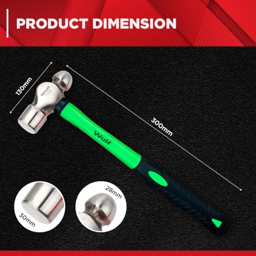 Image of WULF 0.5 lb Heavy Duty Ball Pein Hammer | Drop-Forged Steel Head with Shockproof Fiberglass Handle | Anti-Slip Grip for Metalwork, Construction, Carpentry & DIY | Professional Hand Tool