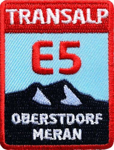 2 x Stick-Abzeichen 45 x 60 mm / E5 Transalp Oberstdorf Meran/Fernwanderweg Alpencross Alpenüberquerung Wanderführer Alpen/Aufnäher Aufbügler Sticker Patch für Kleidung Rucksack (rot-blau)