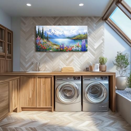 crmotu Lakeside Landscape Wall Art, Nature Wilderness Large Wall Decor, Mountain Tree Wildflowers Scenery Paintings, Cottagecore Canvas Pictures for Living Room Bedroom Farmhouse Art Prints 24x48 Inch