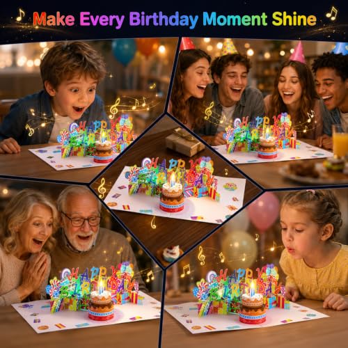 Image of 3D Pop-Up Birthday Card with Music, Blowable LED Candle, for Ages 1 to 100