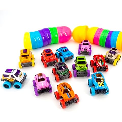 Toyard Easter Pre-Filled Eggs with Pullback Monster Cars, 12-Pack Colorful Eggs for Easter Egg Hunt, Basket Stuffers for Kid Toy Gifts Cover