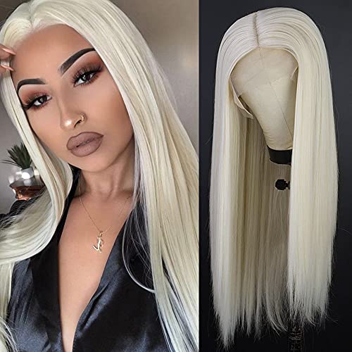 Nnzes White Lace Front Wig Light Blond Long Straight White Lace wigs Middle Part Synthetic Lace Front Wigs 26 Inch Natural Looking Heat Resistant Fiber Hair for Daily Party Cosplay (Blond white)