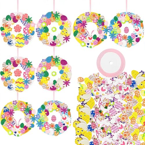 8 Stück Ostern Basteln Kinder, Oster Kranz DIY Kit, Kaninchen Ei Osterkranz Bastelset, Osterbastelarbeiten für Kinder, Osterhase Moosgummi Bastelset, Ostergeschenke Ostereier Kinderhandwerk Set