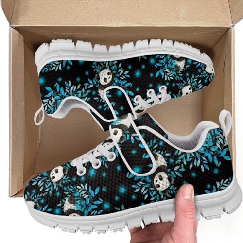 Boys Girls Sneakers Kids Breathable Lightweight Strap Tennis Athletic Running Shoes Panda Blue Plant Pattern（White Sole）2