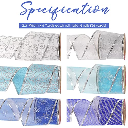 Aimudi Blue And Silver Christmas Ribbon Wired 2.5" Ice Blue Christmas Tree Ribbon Garland 6 Rolls 36 Yards Turquoise Blue Ribbon For Christmas Tree Topper Bows, Crafts, Gift Wrapping, Wreaths #TOP1