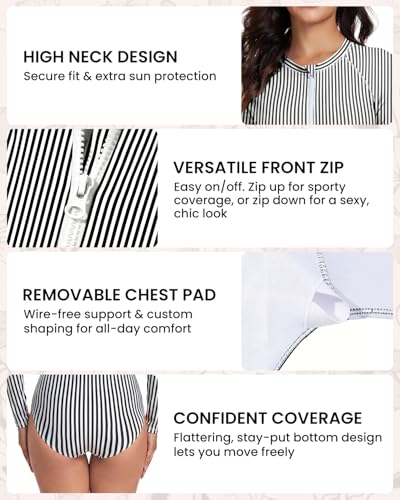 Image of Century Star UPF 50+ Long Sleeve Swimsuits for Women - Rash Guard Modest High Neck Surf One Piece Full Coverage Bathing Suit