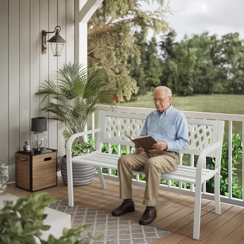 Image of VINGLI 47'' Outdoor Bench, Weather Resistant Garden Patio Bench Powder Coated Iron Frame w /PVC Mesh Backrest Slatted Seat, 2-Person Outdoor Furniture for Front Porch Entryway Park (White)