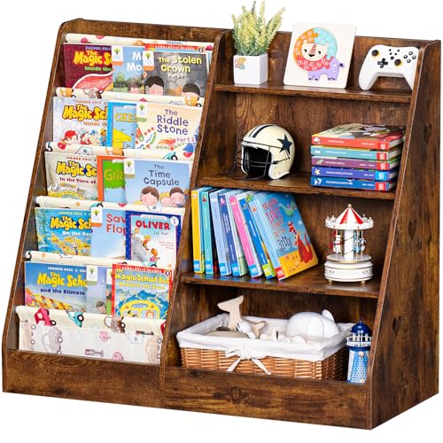 Image of Lerliuo 4 Tier Kids Bookshelf and Storage Organizer, Five Layer Sling Children Bookcase, Baby Toddler Wooden Book Shelf, Display Cabinet for Playroom, Bedroom, Classroom, Nursery, School (Brown)